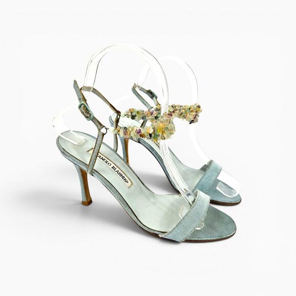 Manolo Blahnik Shoes - Y2k Manolo Blahnik Heels Crystal Denim Strappy Vintage - Size 36 (5.5)